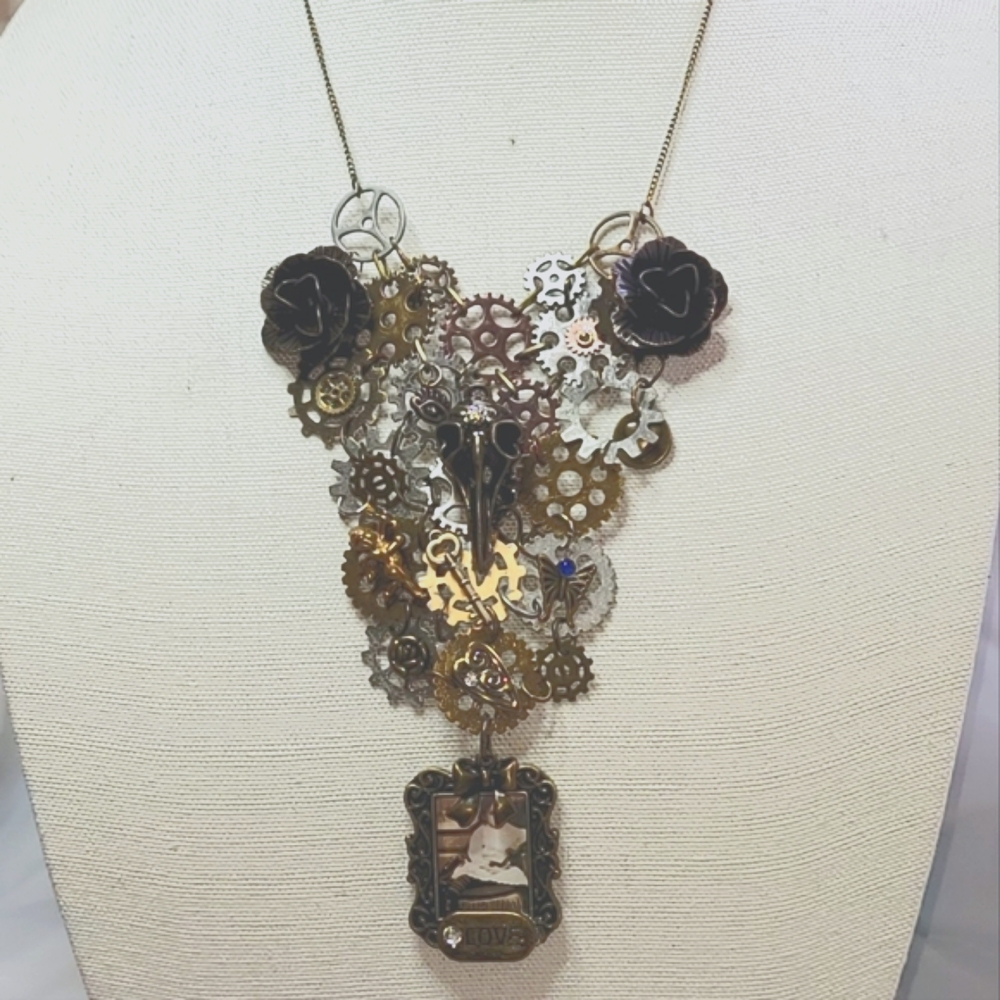 "On the Prairie": Unique Steampunk-style bib Necklace in brass, copper & silver.